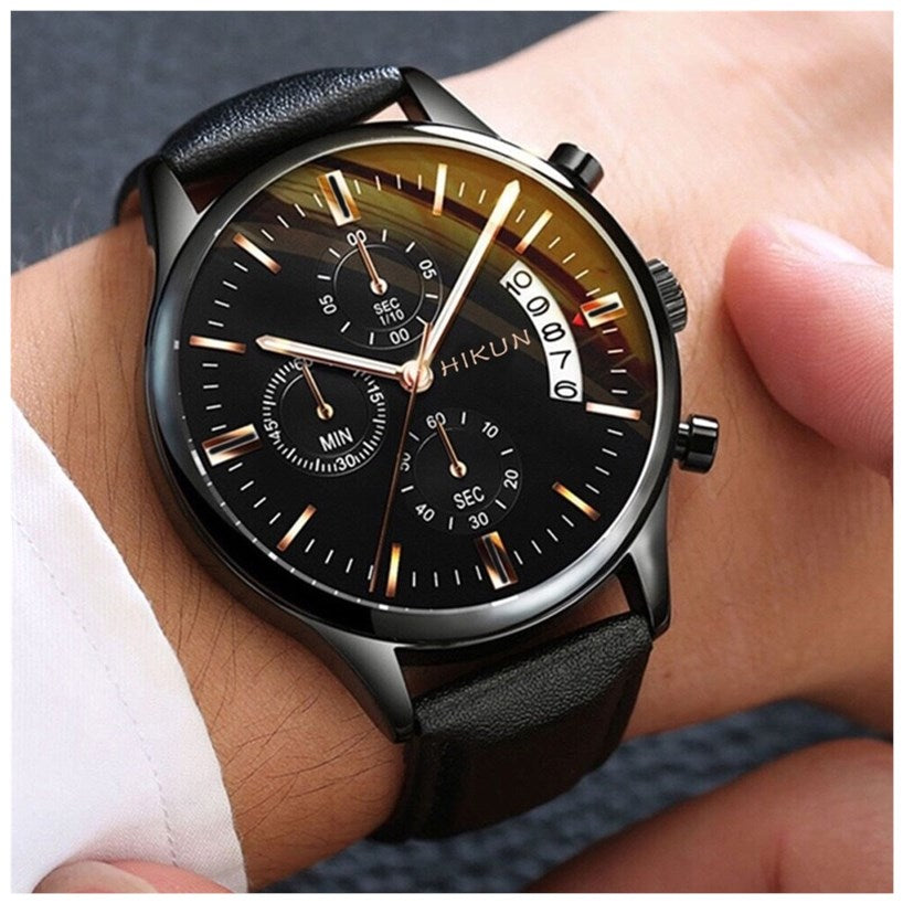 Men's Quartz Leather Strap Wristwatch - Solar Moment Waterproof Watch